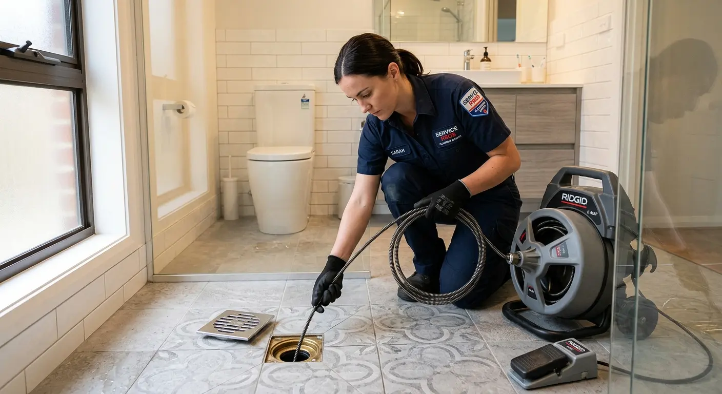 Technician clearing a bathroom floor drain for Drain Cleaning in Auburn Hills